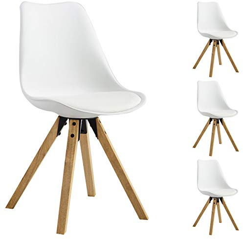 IDIMEX Lot de 4 chaises de Salle à Manger Tyson Style scandinave Design Nordique avec piètement en Bois Massif, siège Coque rembourré en Plastique Blanc