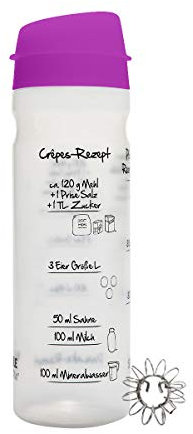 EINFACHER CRÊPES- & PFANNKUCHENTEIG im SHAKER (875ml) machen. 3 Rezeptaufdrucke mit Füllstrichen. Effektives Mixteil aus Edelstahl. Patentierter Ausgießer für sauberes Portionieren. Farbe LILA