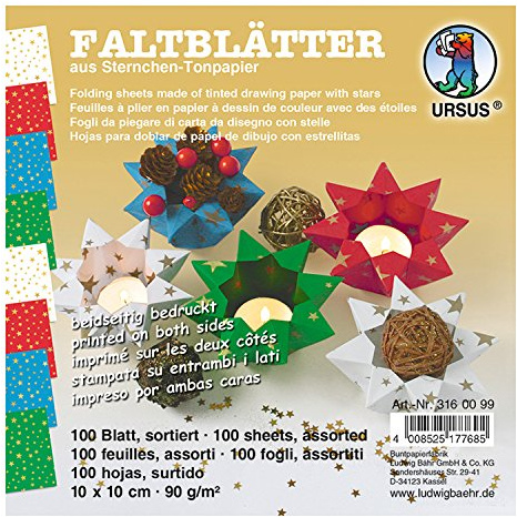 Ursus 3160099 - Faltblätter Sternchen, 100 Blatt in 4 verschiedenen Farben, ca. 10 x 10 cm, 90 g/qm, durchgefärbt, beidsetitig mit Sternen bedruckt, ideal für vielseitige Bastelarbeiten