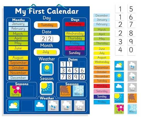 Interactive Children's Magnetic Learning Calendar - Blue- Fun Educational Tool for Time, Seasons, and Weather Awareness - 40x32 cm with Easy Hang Loop