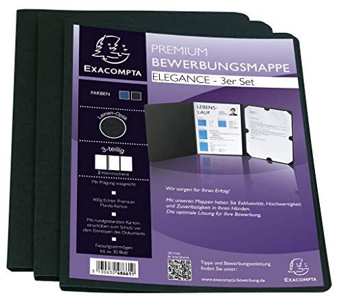 Exacompta 48661B 3er Pack Bewerbungsmappen ELEGANCE in Lienen Optik. Aus starkem Colorspan-Karton 3-teilig mit 1 Klemmschiene für DIN A4 schwarz