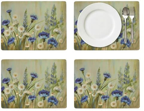 Pimpernel Fleurs des Champs Collection Placemat Set – (15.7 x 11.7) Cork-Backed Table Mats with Blue & White Cornflower Pattern, Heat & Stain Resistant with Lacquered Finish, Decorative Dining