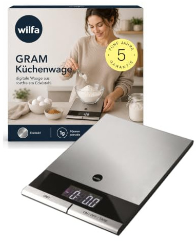 Wilfa GRAM STÅL Küchenwaage – digitale Waage aus rostfreiem Edelstahl – 1 Gramm Intervalle – 5kg Maximalbelastung, silber