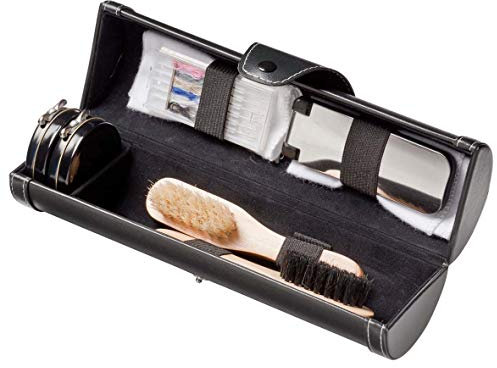 noTrash2003 Hochwertiges Schuhputzset in Kunstleder schwarz Schuhanzieher 2 x Schuhcreme 2 Schuhbürsten Nähset Fusseltuch