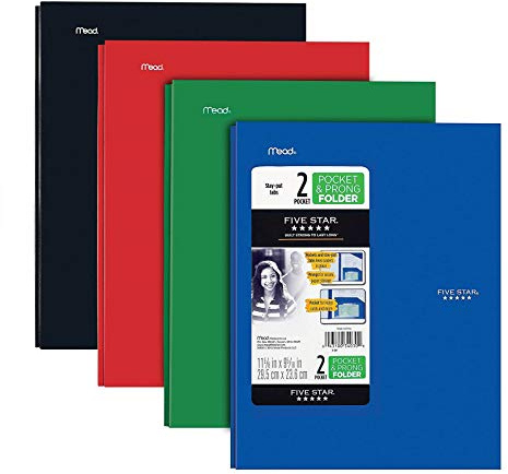 Five Star 2-Pocket Folder, 4 Pack, Plastic Folder with Stay-Put Tabs and Prong Fasteners, Holds 8-1/2 x 11 Paper, Black, Fire Red, Forest Green, Pacific Blue (38048)