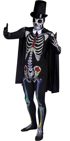 ILOVEFANCYDRESS - Costume in maschera per Halloween da scheletro da uomo, con grande sombrero messicano in feltro, mantello, papillon satinato, tuta intera, taglie: S - XL, colore: nero/bianco