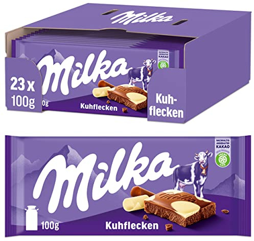 Milka Kuhflecken Tafel – 23 x 100 g – Schokoladentafel mit Kuhflecken aus weißer Schokolade – Noch schokoladiger