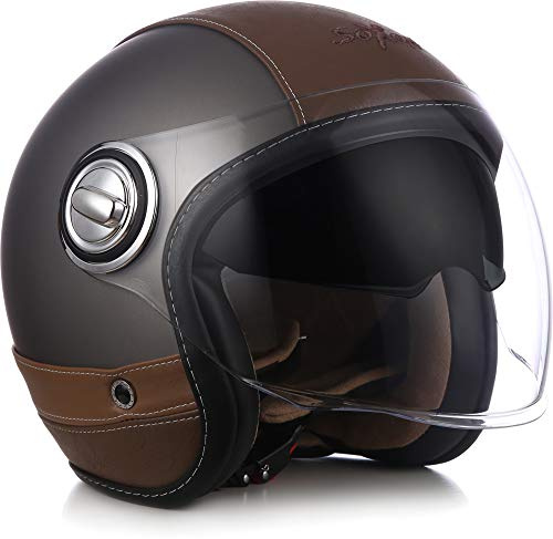 Soxon® SP-888 Pro „Urban Titan“ · Jet-Helm · Motorrad-Helm Roller-Helm Scooter-Helm Moped Mofa-Helm Chopper Retro · ECE 22.05 Sonnenvisier Leather-Design Schnellverschluss SlimShell Tasche S (55-56cm)