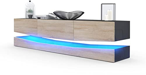 Vladon Lowboard City, Made in Germany, TV-Kommode mit Sockelelement, 1 offenem Fach und 3 Schubkästen, Schwarz Hochglanz/Eiche Sägegrau, inkl. LED-Beleuchtung (178 x variabel x 39 cm)
