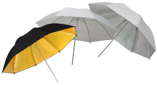 DynaSun UR02W, UR02S e UR02GB Set di 3 Ombrelli Professionali da Studio, 84 cm, Bianco/Argento/Oro/Nero