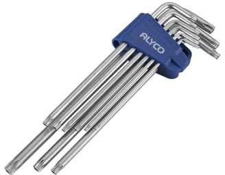 Alyco - Juego de Llaves Torx Acodadas Extralargas con Puntas Imantadas (T10-T50), 9 Piezas en Acero Cr-V Inviolables, Herramientas para Taller Mecánico con Soporte Organizador