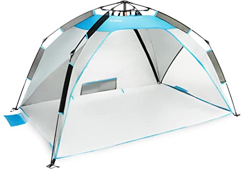 Outtec Strandmuschel Pop Up Zelt, Luftig und Leicht zu Tragen Gartenmuschel mit UV Schutz - Einfache Montage - Sonnenschutz für Kinder und Erwachsene, Strand, Garten und Camping (Grau-Blau)