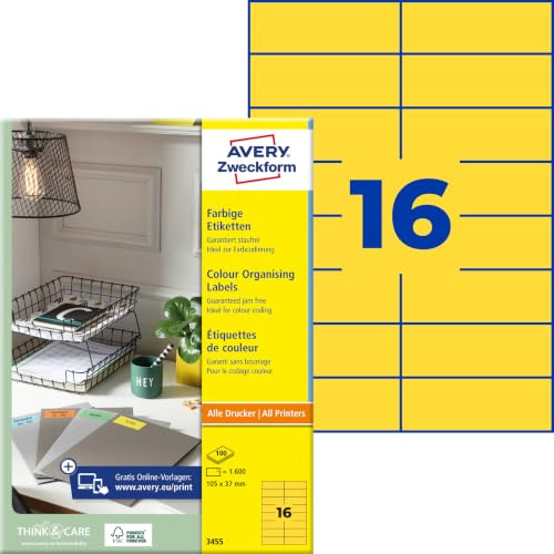 AVERY Zweckform 3455 Gelbe Etiketten (1.600 Aufkleber, 105x37mm auf A4, permanent haftend, selbstklebende Farbetiketten, Papier matt, bedruckbare, farbige Klebeetiketten) 100 Blatt