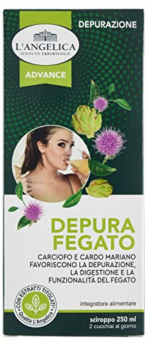 L'Angelica Sciroppo Integratore Detox Fegato a base di Curcuma, Carciofo e Cardo Mariano, Effetto Depurativo Fegato, senza Glutine, senza Lattosio, Vegan, 250 ml