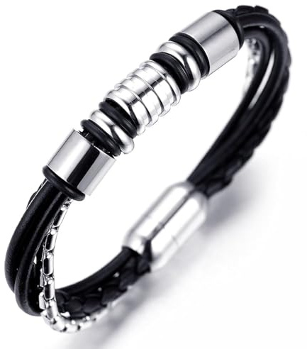 Halukakah ● Solo ● Herren-Armband Handgefertigt | Echtleder Schwarz | Rohr Magnetverschluss Edelstahl in Silber | Titan Perlen Kette in Silber | KOSTENLOS Geschenkbox | Tolle Geschenkidee | 21.5cm