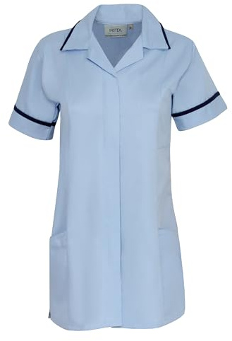 Instex Blue Healthcare Tunic, Dental Vet Salon, Sky Blue with Navy Trim, Pointed Collar INS32SK-N