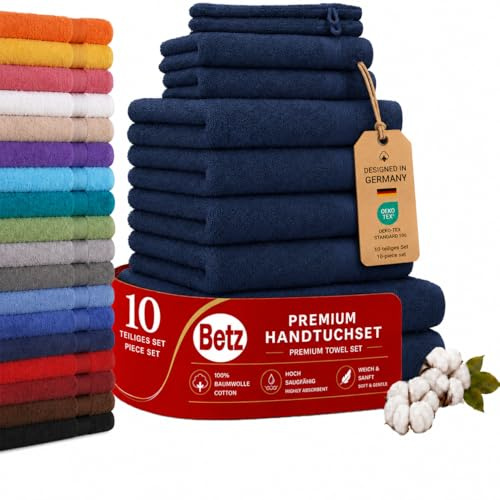 Betz Premium Handtuch-Set mit 10 Teilen – 100% Baumwolle, 4 Handtücher 50 x 100 cm, 2 große Duschtücher 70x140 cm, 2 Gästetücher 30 x 50 cm, 2 Waschhandschuhe, dunkelblau