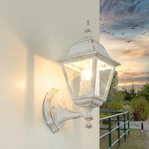 Licht-Erlebnisse Rustikale Wandlampe außen H: 34,5 cm Glas Aluminium IP44 in Weiß Gold E27 Außenleuchte Hof Garten Außenlampe Eingang Wandlaterne