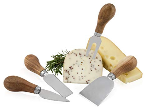 True Gourmet 4-Piece Stainless Steel Cheese Knife Set with Acacia Wood Handles for Charcuterie Board, Includes 3 Knives & 1 Fork, Hosting Essentials