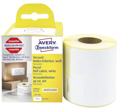 AVERY Zweckform ASS0722430 Dymo LabelWriter fraktetiketter kompatibel med S0722430 (54 x 101 mm, 1 rulle | 110 paketklistermärken, självhäftande, för LW Dymo etikettskrivare/etiketttejp)