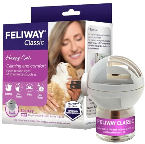 FELIWAY Classic 30 Day Cat Calming Plug In Pheromone Diffuser Starter Kit, 48ml - Helps Reduce Common Signs of Stress in Cats & Kittens, Enhanced Calming