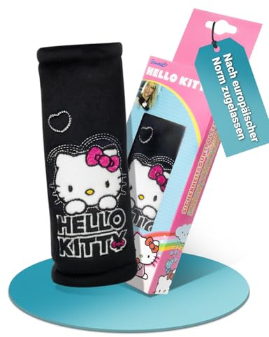HiTS4KiDS – Gurtpolster Auto für Kinder – Schulterpolster passend für Sicherheitsgurt & Rucksack – Gurtschutz für mehr Komfort auf der Reise – Gurtschoner für Mädchen (Hello Kitty | Schwarz | 20cm)
