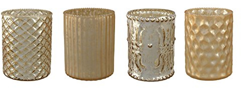 Unbekannt Glas- TEELICHT mit DEKOR ca 10 cm. 4 STÜCK. Teelichtglas teilw. verspiegelt. Gold -39