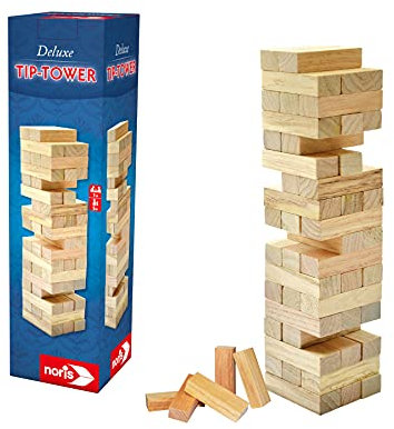 Noris Deluxe Tip Tower Wackelturm aus Holz – Geschicklichkeitsspiel für Kinder ab 5 Jahren – spannender Spielspaß für die ganze Familie – Stapelspiel 27,5 x 8 cm – Familienspiel Jungen Mädchen