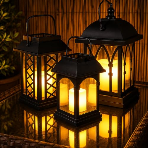Festive Lights 3er Set schwarze Solar Laternen mit LED Kerzen und täuschend echt wirkendem Flacker-Effekt LED Solar Laternen für draußen Solarlaternen für außen