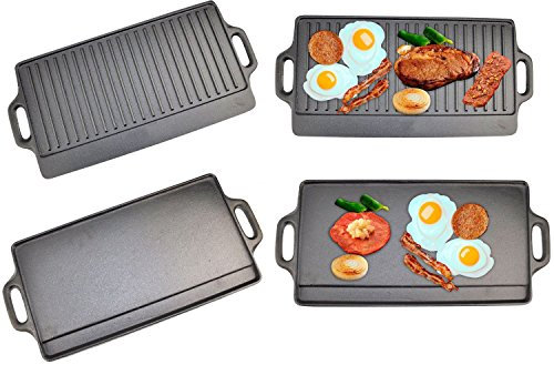 Taylor & Brown X-Large Non-Stick Cast Iron Reversible Griddle Plate Pan Double Sided for BBQ & Hob Cooking with Non-Stick Ridged and Flat Surfaces and Drip Tray, 50 x 23cm