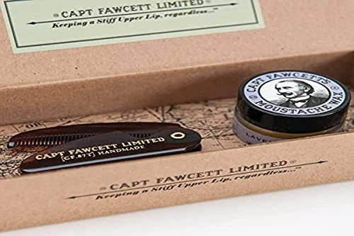 Cire à moustache du capitaine Fawcett (parfum Ylang Ylang) et peigne à moustache de poche pliant (CF.87T) Coffret cadeau - Fabriqué en Angleterre