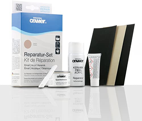 Cramer Reparatur-Set für Keramik, Emaille & Acryl, Bahama-Beige, CRA16250DE, bei Abplatzungen & Kratzern, Set: 2-Komponenten-Spachtelmasse, Härter, Reparaturlack, Spachtel, Schleifmittel, 66105 8
