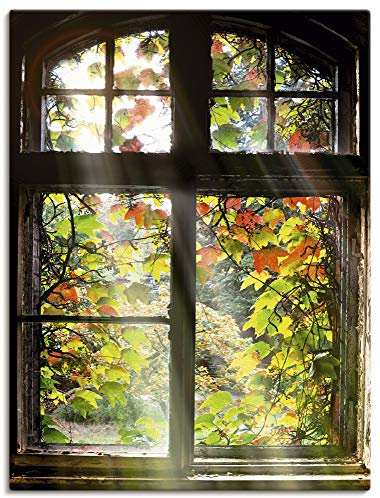 ARTLAND Wanddeko Leinwand Bilder Wandbild 45x60 cm Fensterblick Fenster Herbst Natur Landschaft Altbau Sonne Baum T5XH