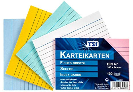 TSI Karteikarten farbig sortiert, 100er Packung, liniert, Größe: DIN A7 (105 x 74 mm), Art. Nr. 65897