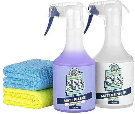 CLEANEXTREME 500ml Auto Mattlack Pflege + 500ml Mattlack Intensiv Reiniger + 2 Mikrofasertücher | Finish Set | Zum Reinigen Pflegen Versiegeln von Autolack matt & Matt-Folie