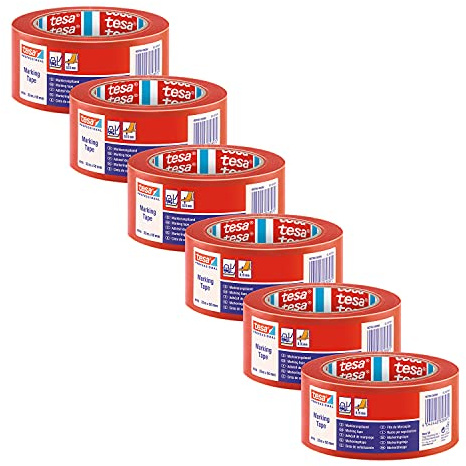 tesa 60760 Bodenmarkierung Markierungsband aus weichem PVC - Warnband für temporäre Arbeitsbereich-Kennzeichnung, ideal für Innenbereiche - rot - je 33 m x 5 cm | 6er Pack
