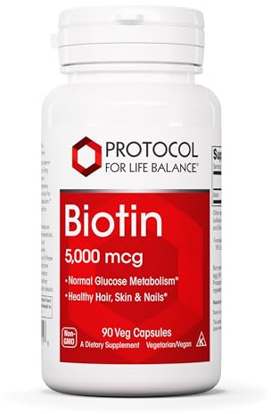 PROTOCOL FOR LIFE BALANCE Biotin 5,000mcg - Vitamin B7 Supplement - Hair, Skin, Nails Support - for Carb Metabolism & Cell Growth - Biotin Vitamin B Capsules - 90 Veg Caps