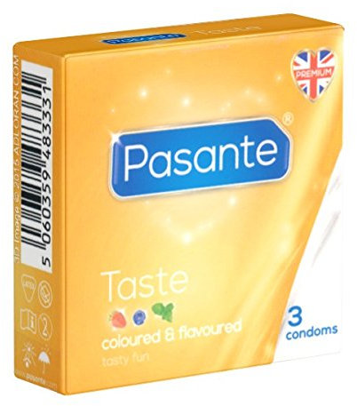 Pasante Taste, bunte Kondome mit Geschmack - Kondome für Oralverkehr (Blaubeere, Erdbeere, Minze), 1 x 3 Stück