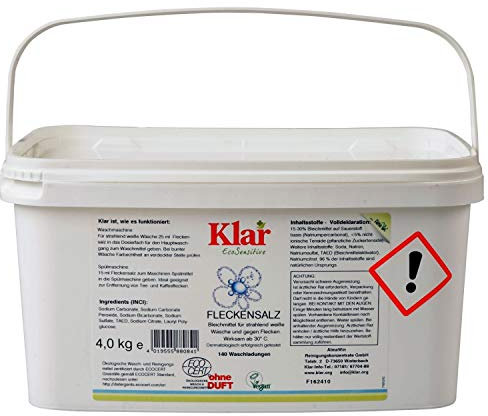 Klar eco Sensitive Sel détachant 4 kg, sans parfum, empêche le voile gris, efficace à partir de 30 °C, végétalien
