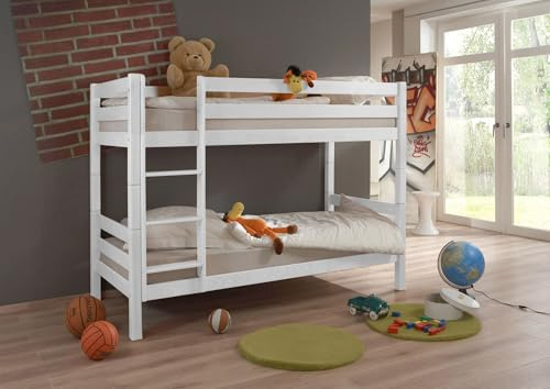 TiCAA Etagenbett, Kinderbett, Stockbett Funktionsbett für Kinder mit Treppe & Zwei Liegeflächen teilbar aus Buche Massivholz weiß Bettgestell 90 x 200