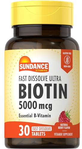 Sundance Fast Dissolve Biotin 5000mcg | 30 Tablets | Essential B-Vitamin | Natural Berry Flavor | Vegetarian, Non-GMO, and Gluten Free Supplement