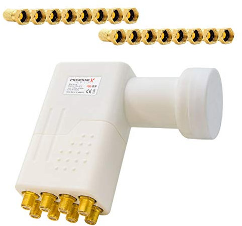 Premium X Octo LNB White Connexion directe 8 abonnés Récepteur Convertisseur de Signal TV Satellite HD 4K avec connecteur F 16x plaqué Or avec Bague d'étanchéité