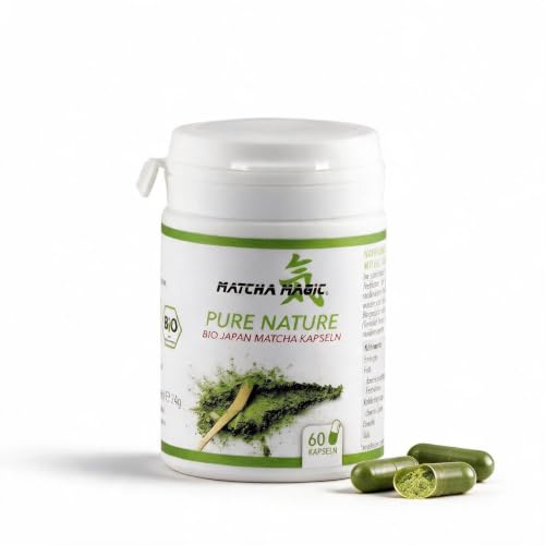 MatchaMagic Bio Matcha Kapseln, 60 Stück, vegan, ohne Zusätze | 300 mg echter japanischer Matcha, pflanzliche Kapselhülle, kein Grüntee-Extrakt, ohne Füllstoff, ideal für unterwegs