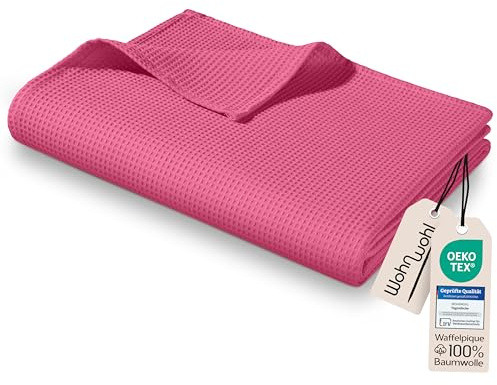 WOHNWOHL® Tagesdecke (150x200cm) • Leichte Waffelpique Decke • 100% Baumwolle • Sommerdecke • Sofa-Decke • Pflegeleichte Wohndecke • Überwurfdecke • Baumwolldecke • Farbe: Rosa