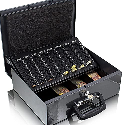 MS Point Geldtransportbox 35cm Dunkelgrau, Münzkassette, Geldkassette, Zähl- und Transportkassette, Münzzählbrett, Geld Kasse, Geldkasse, 350mm, Metall, Schlüssel, Akustisch, Tragbar, 4,6kg, Schwarz