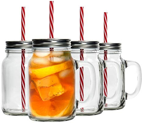Rink Drink Einmachgläser mit Deckel und wiederverwendbarem Strohhalm - 4 Stück - 620 ml Trinkgläser aus Glas mit Griffen und Schraubverschluss für Overnight Oats, Smoothies, Cocktails, Getränke