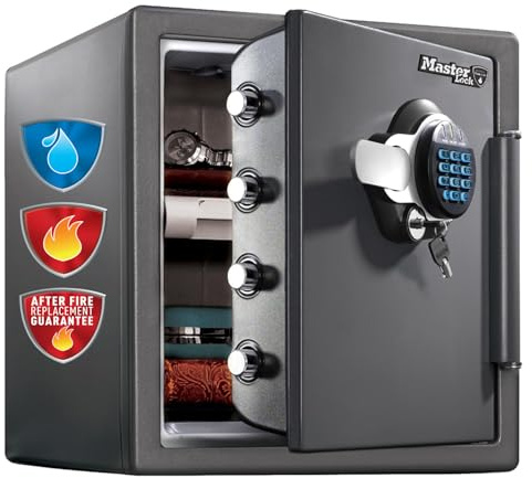 MASTER LOCK Certified Fireproof and Waterproof Safe, 33L, 453 x 415 x 491 mm, Digital Combination plus override Key with Backlit Keypad, for home and professionals, Grey Medium