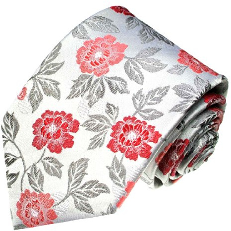 Lorenzo Cana - Designer Krawatte aus 100% Seide - Rot Silber Rosen Blumen Hochzeit Trauung - 84386