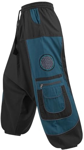 Kunst und Magie Flower of Life Hippie Haremshose Goahose Cargohose, Größe:L/XL, Farbe:Schwarz/Petrol