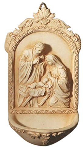 AT001 Catholic & Religious Nativity Holy Water Font. Material: Resin Size: 6 1/2 H. Holy Family with St. Mary, Jesus & St. Joseph. Perfect for Entrance of Home or Wedding Gift